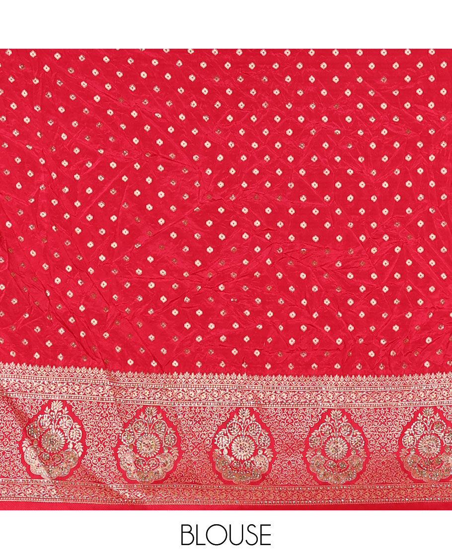 Cream-pink chiniya crepe half-saree, chevron zari jacquard with contrast intricate patterned stone work bordered skirt, contrast blouse, and a scallop bordered intricate dhavani