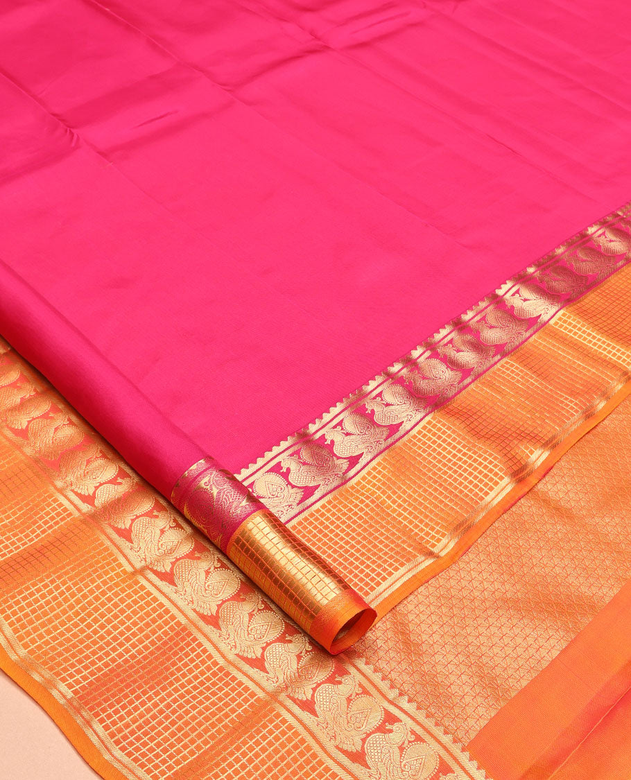 Pink Plain Vasundhara Lite Silk Mix Saree, a Contrast Zari Checked Border of Rekku, and Mayil Design, Grand Pallu, and a Contrast Blouse