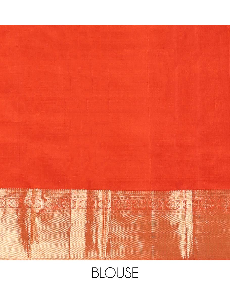 Rust Kanchipuram Wedding Silk Saree, Steeped with Zari Buttas All Over Its Body, Highlighted by Zari Border of Chakram and Vanki Designs, Grand Jaal Pallu and Paired with a Matching Blouse