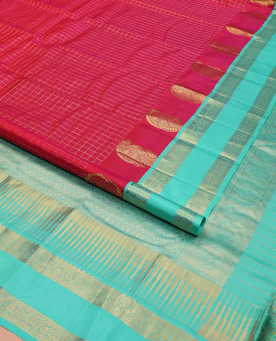 Pink Vasundhara Silk Saree, Masterfully Woven with Muthu Checks and Manga Buttas All Over Its Body, Complemented by a Contrast Rettai Pettu Border of Rekku, and Kodi Visiry Designs, Grand Pallu, and Paired with a Contrast Blouse