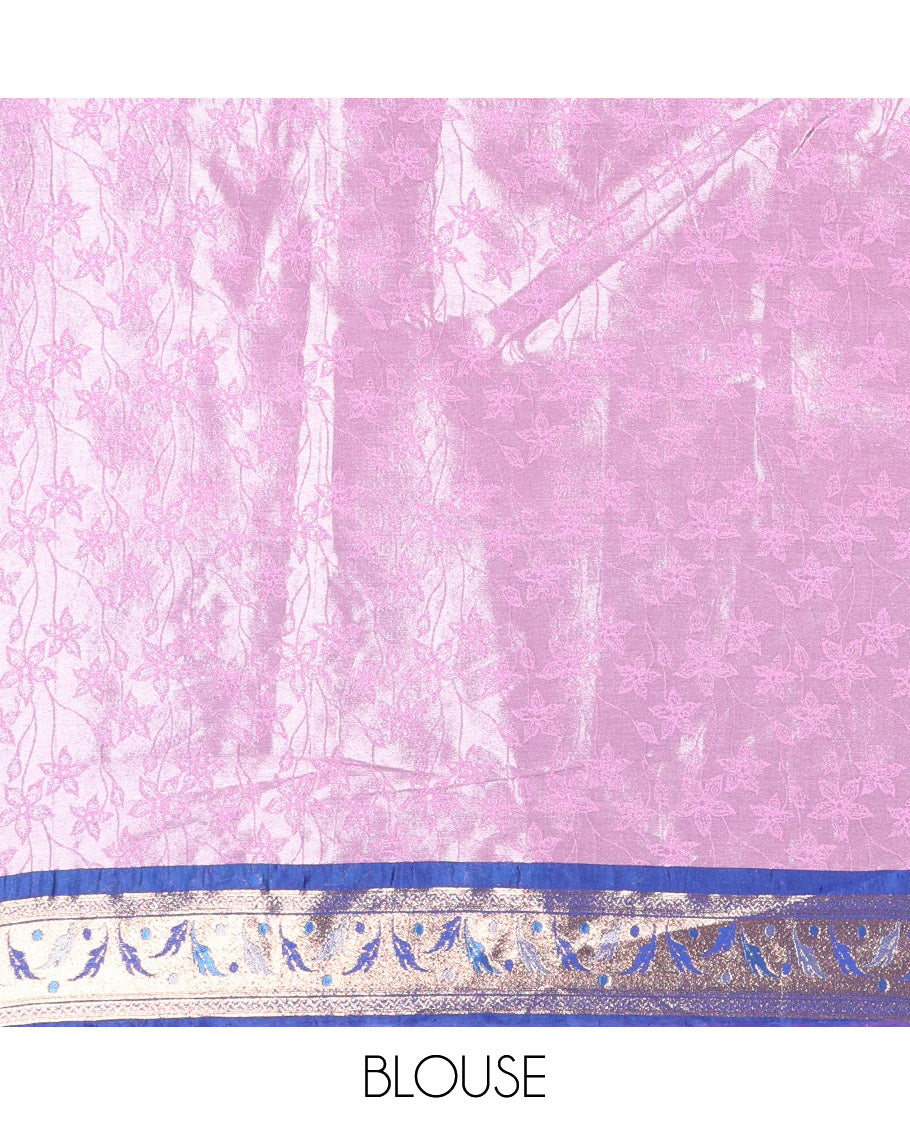 Lavender and Blue Half-Saree Set, Subtly Sparkled with Floral Vine Design on Its Banarasi Skirt, Complemented by Contrast Meenakari Floral Design with Embroidered Border, Matching Blouse, and Paired with a Banaras Dupatta