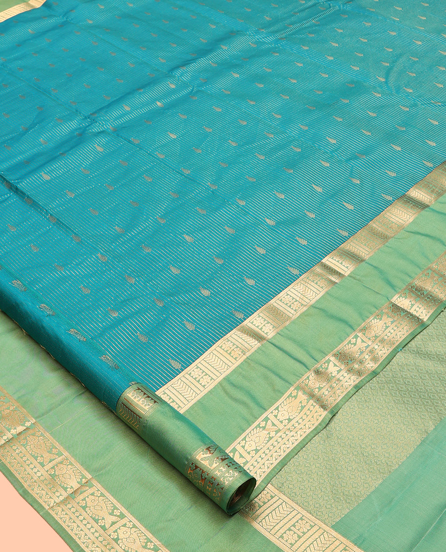 Blue Vasundhara Lite Silk Mix Saree, Graced with Zari Stripes and Buttas, a Contrast Rettai Pettu Border of Meen and Neli Designs, Grand Pallu, and a Contrast Blouse