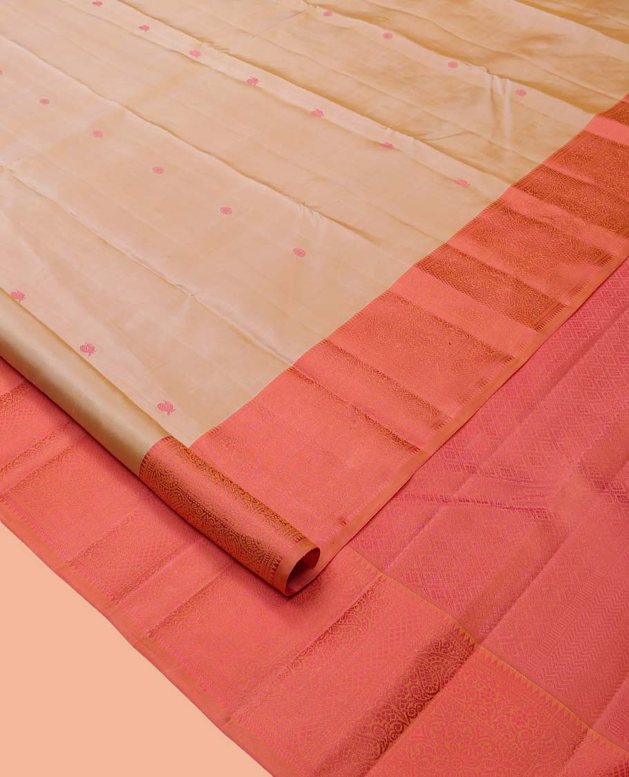 Sandal Kanchipuram Silk Saree, Styled with Mayil-Chakram Buttas, Complemented by a Contrast Traditional Thread Woven Border, Jaal Pallu, and a Contrast Blouse