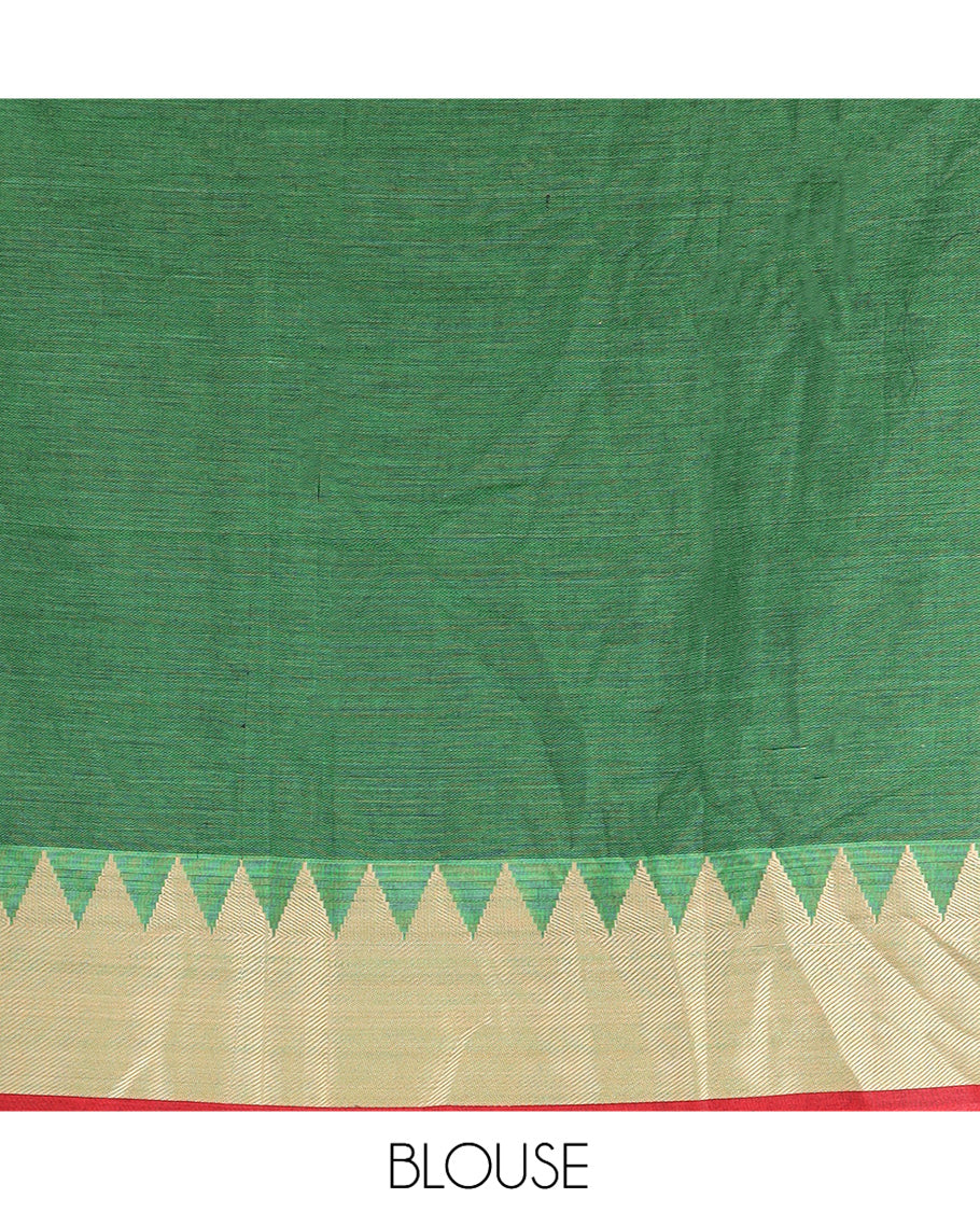 Leaf Green Mercerised Cotton Half-Saree, Plain Skirt, a Temple Border, a Matching Blouse, Contrast Dhavani