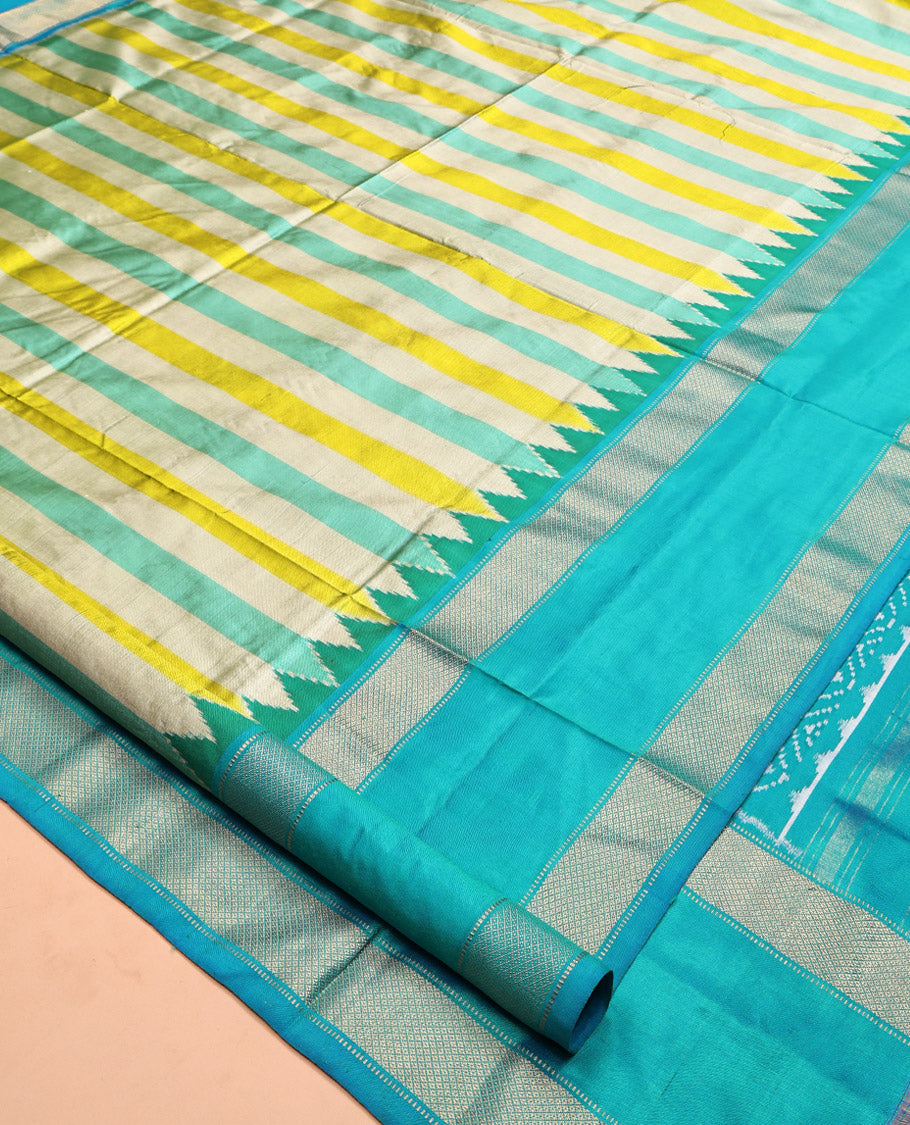 Multi-Color Striped Pochampally Ikat Silk Saree, Complemented by a Contrast Temple Traditional Border, Ikat-Style Woven Pallu, and Contrast Blouse