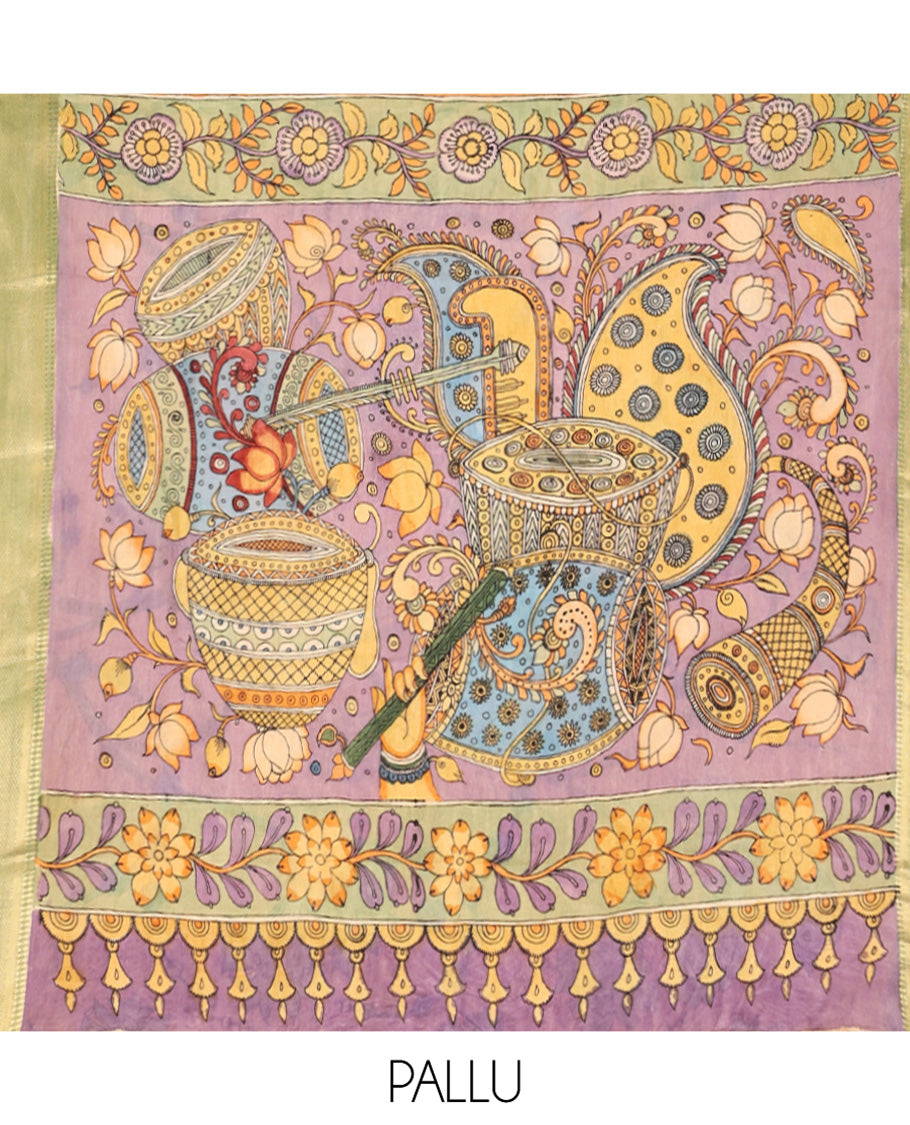 Orange Kalamkari Silk Saree, Lightly Embellished with Floral and Human Figurines, a Contrast Traditional Border, Pallu of Musical Instruments, and a Contrast Blouse