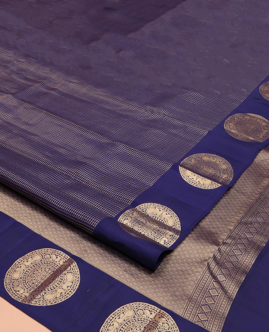 Blue Vasundhara Lite Silk Mix Saree, Gleamed Up with Zari Checked Design on Its Body, Highlighted by Zari Border Features Big Chakram Designs, Gleaming Jaal Design Pallu, and Paired with a Matching Blouse