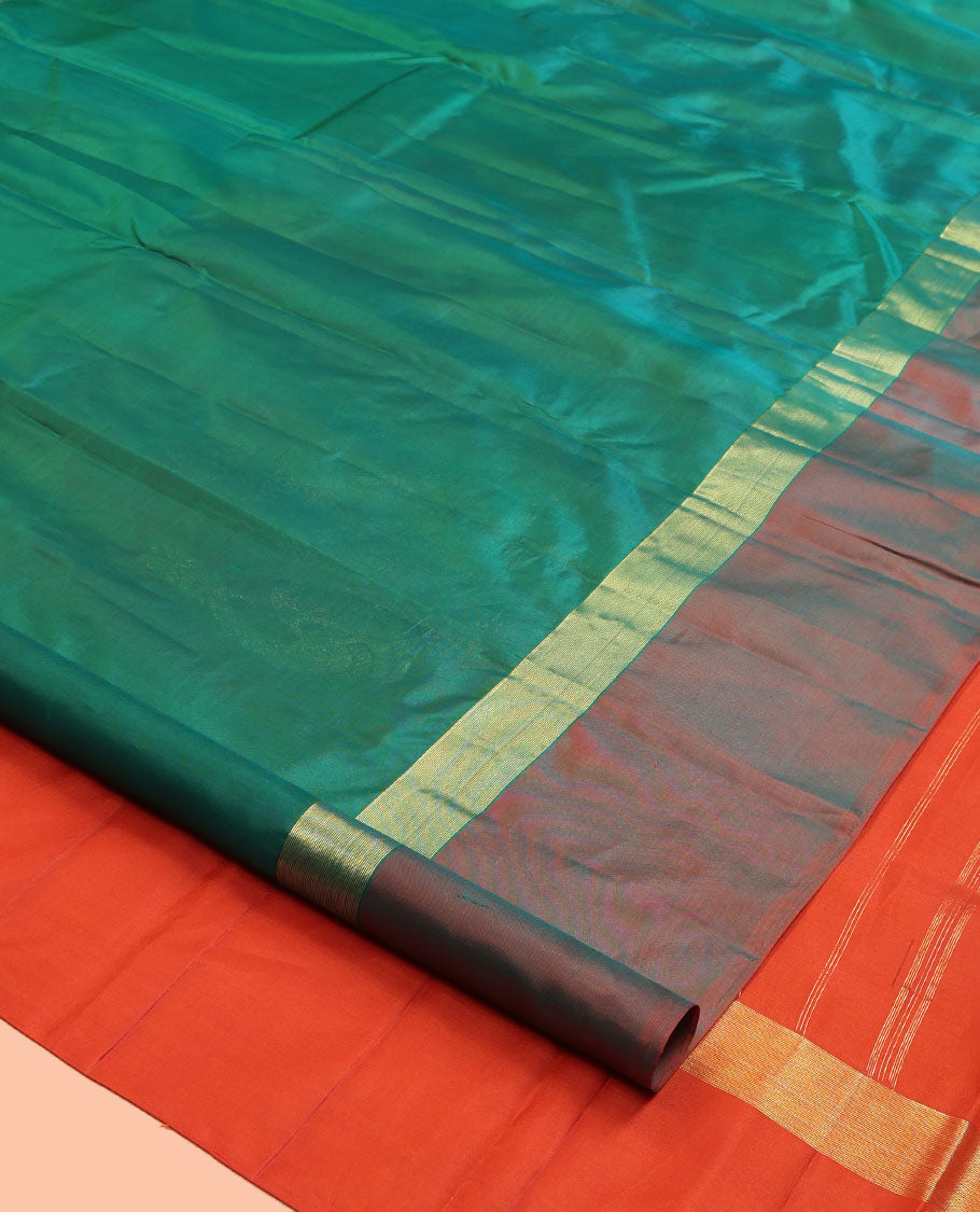 Green Kanchipuram Silk Saree, Woven with Goddess Lakshmi Buttas, a Contrast Goddess Lakshmi Border, Goddess Lakshmi Pallu, and a Contrast Blouse