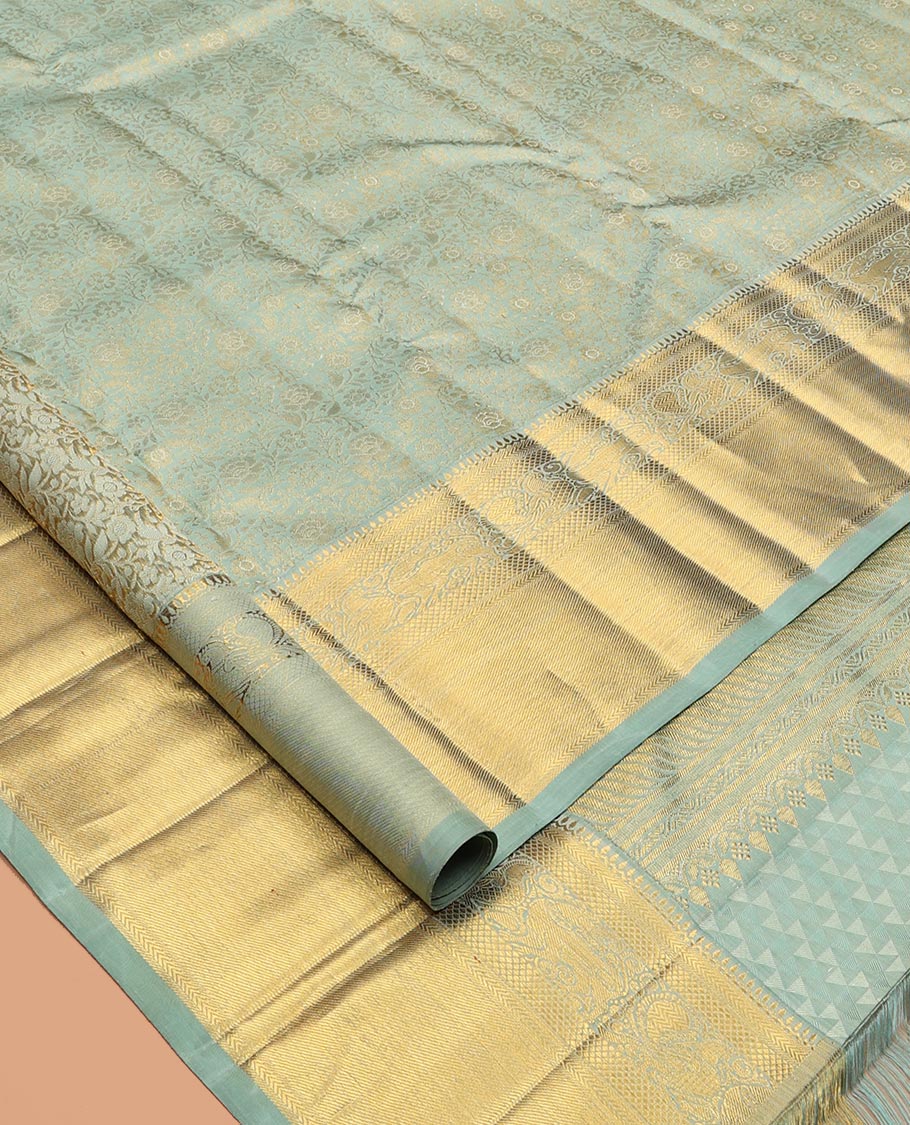 Blue Kanchipuram Wedding Silk Saree, Delicately Woven with Jacquard Design, Zari Border of Thilakam, Kathir, Kuyil Kann, Yaali, and Mayil Designs, Jaal Pallu, and a Matching Blouse