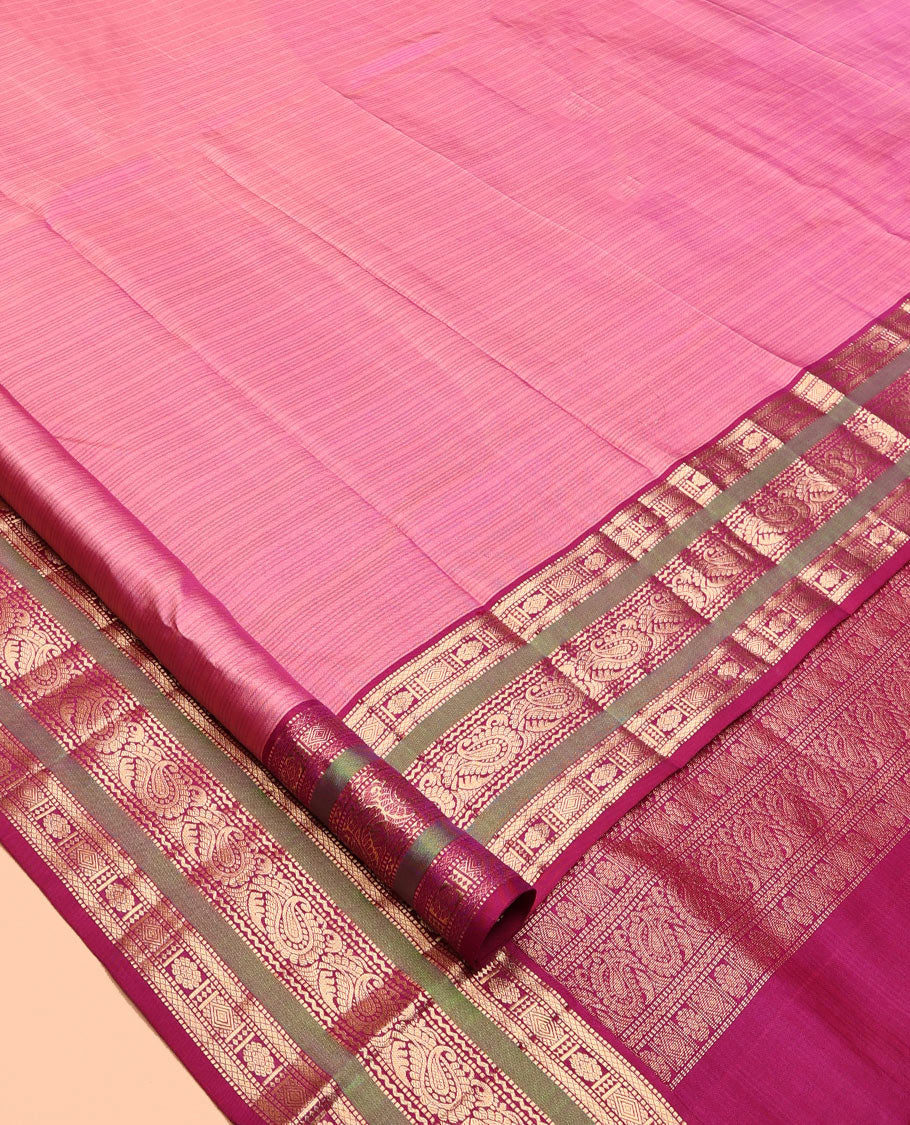 Onion Pink Striped Vasundhara Silk Saree, Contrast Border of Muthu, Mayil Kann, Kamalam, and Manga, Jaal Pallu, a Contrast Blouse