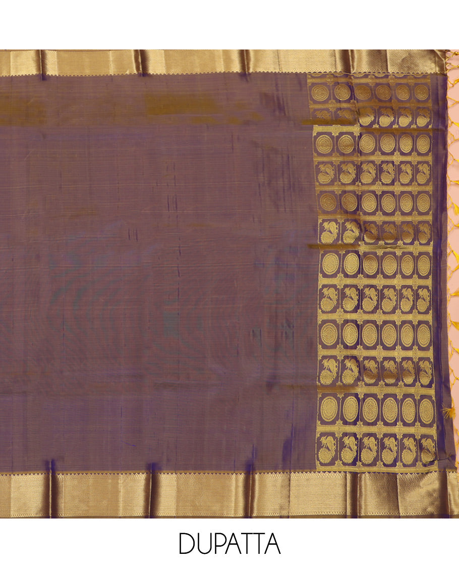 Blue Pure Silk Half-Saree, Decorated with Zari Designs on Its Body, Complemented by a Contrast Floral Design Border, Complemented by a Contrast Blouse, and Paired with a Contrast Dhavani of Annam Chakram Designs