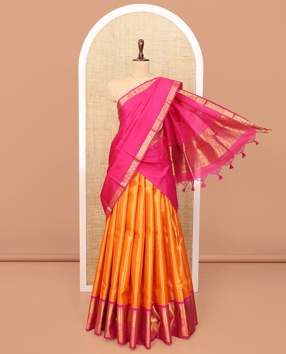 Orange Pure Silk Half-Saree, Steeped in Richness of Zari Stripes on Its Skirt, Complemented by a Contrast Border of Rekku, Muthu, Kathir, Diamond, and Mayil Designs, Comes with a Contrast Jacquard Blouse and a Dhavani of Intricate Designs