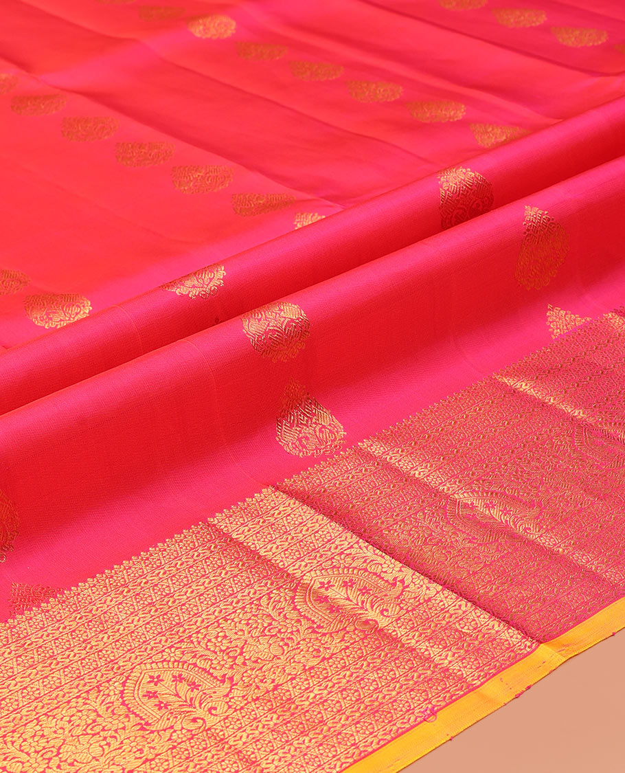 Pink Pure Silk Pavadai Material, Mesmerized with Zari Buttas on Its Skirt, a Contrast Traditional Zari Border, and a Contrast Blouse