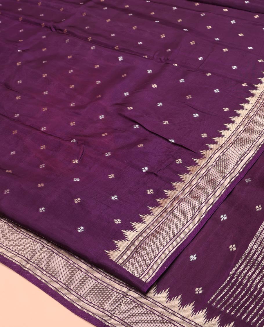 Dark Purple HO Silk Saree, Elevated with Zari Buttas All Over Its Body, Highlighted by Temple Border of Diamond Patterns, Pallu Artfully Woven with Tree of Life Design, and Paired with a Matching Blouse