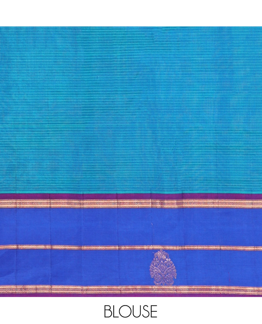 Blue Kanchipuram Silk Saree, Accentuated with Zari Buttas and Vazhaipoo Stripes on Its Body, Complemented by a Contrast Border of Muthu, Kathir, and Arumbu Manga Designs, Pallu of Zari Designs, and Paired with a Contrast Blouse