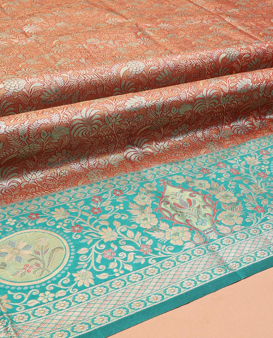 Orange Art Silk Half-Saree, Richly Detailed with Jacquard Design, Contrast Intricate Motif Border, Paired with a Contrast Jacquard Blouse, and an Intricate Dhavani