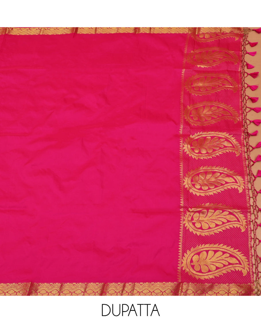 Blue Art Silk Material Half Saree Set, Embellished with Floral Jacquard Design Skirt, a Contrast Floral Design Border, Contrast Blouse, and an Intricate Dhavani