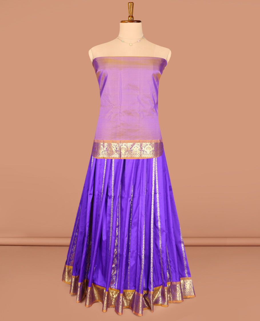 Blue Pure Silk Half-Saree, Decorated with Zari Designs on Its Body, Complemented by a Contrast Floral Design Border, Complemented by a Contrast Blouse, and Paired with a Contrast Dhavani of Annam Chakram Designs