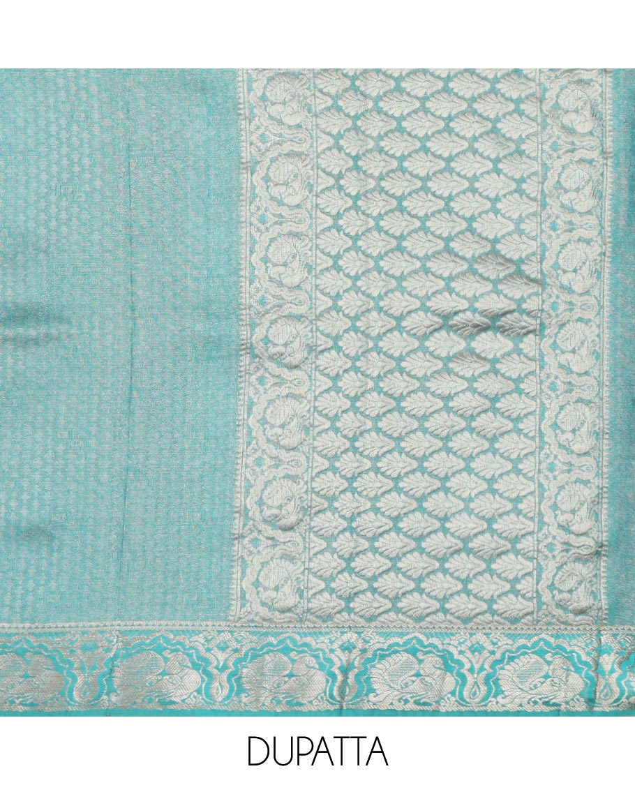 Violet floral jacquard silk half saree with contrast border of thilakam mokku, kodi visiry, banaras design, zari design blouse & floral design dhavani