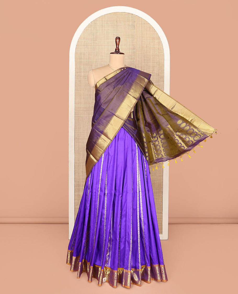 Blue Pure Silk Half-Saree, Decorated with Zari Designs on Its Body, Complemented by a Contrast Floral Design Border, Complemented by a Contrast Blouse, and Paired with a Contrast Dhavani of Annam Chakram Designs