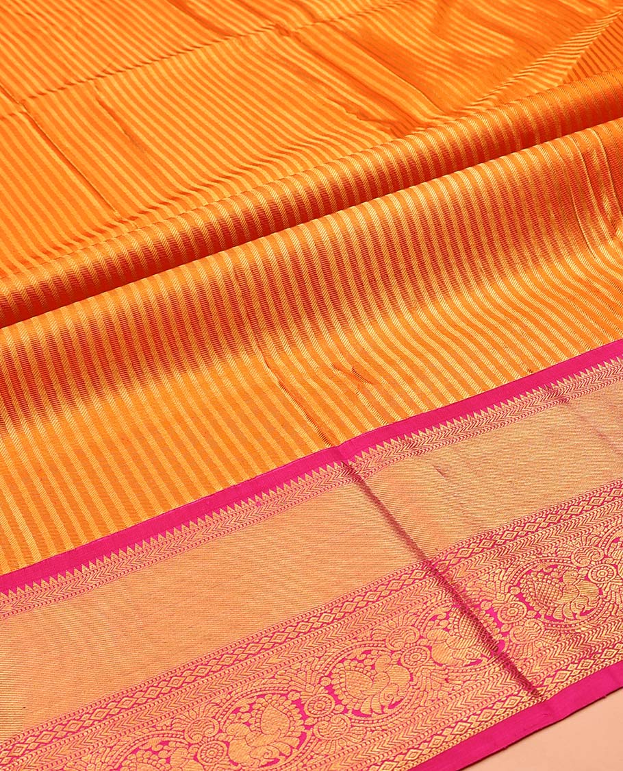 Orange Pure Silk Half-Saree, Steeped in Richness of Zari Stripes on Its Skirt, Complemented by a Contrast Border of Rekku, Muthu, Kathir, Diamond, and Mayil Designs, Comes with a Contrast Jacquard Blouse and a Dhavani of Intricate Designs