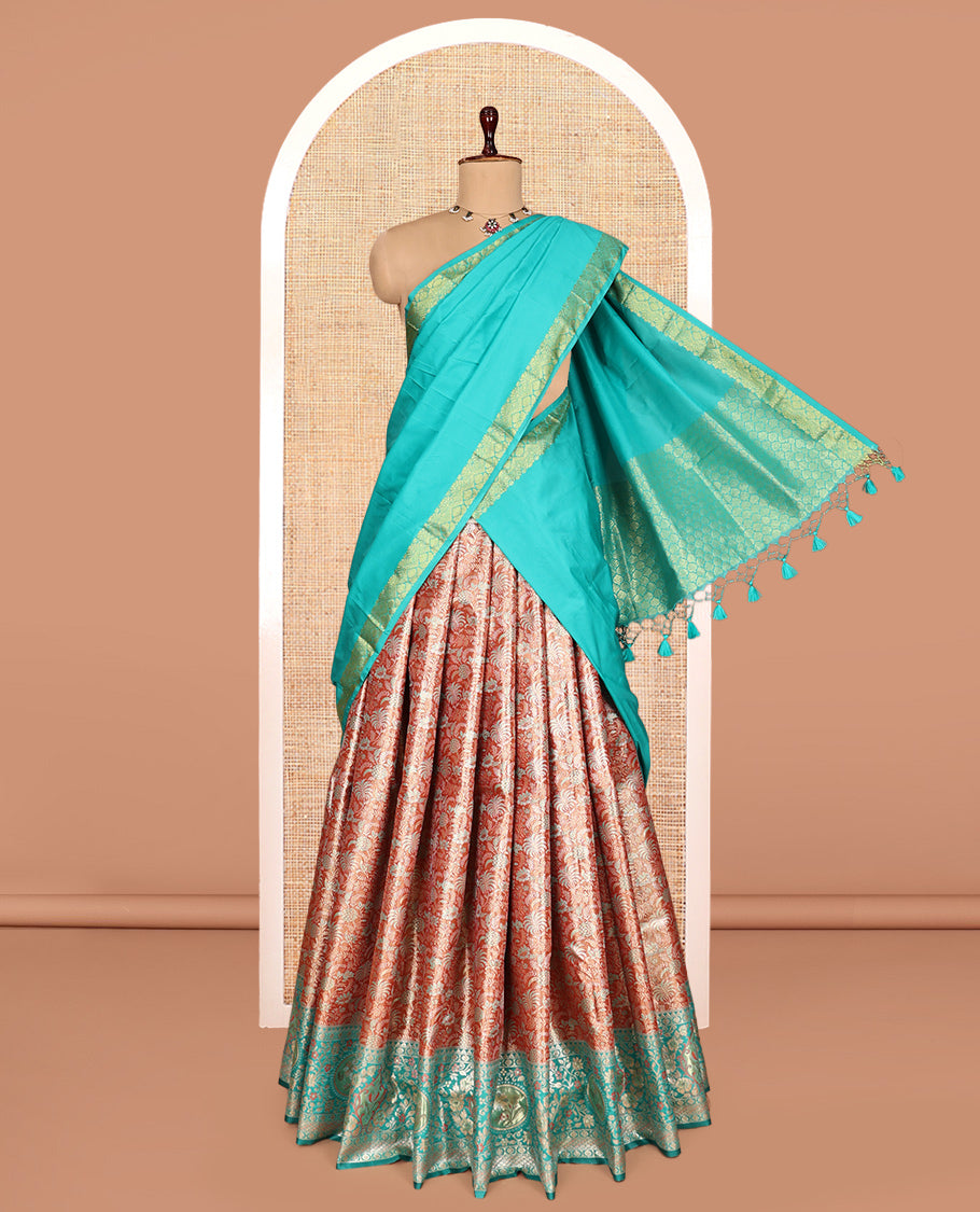 Orange Art Silk Half-Saree, Richly Detailed with Jacquard Design, Contrast Intricate Motif Border, Paired with a Contrast Jacquard Blouse, and an Intricate Dhavani