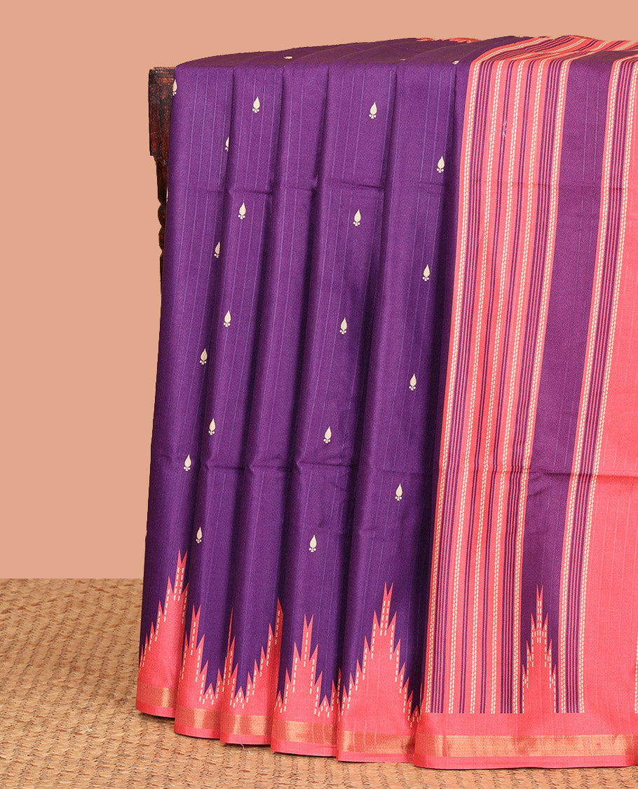 Purple Kathan Silk Saree Adorned with Buttas, Contrast Temple Border, Temple pallu, and Striped Blouse