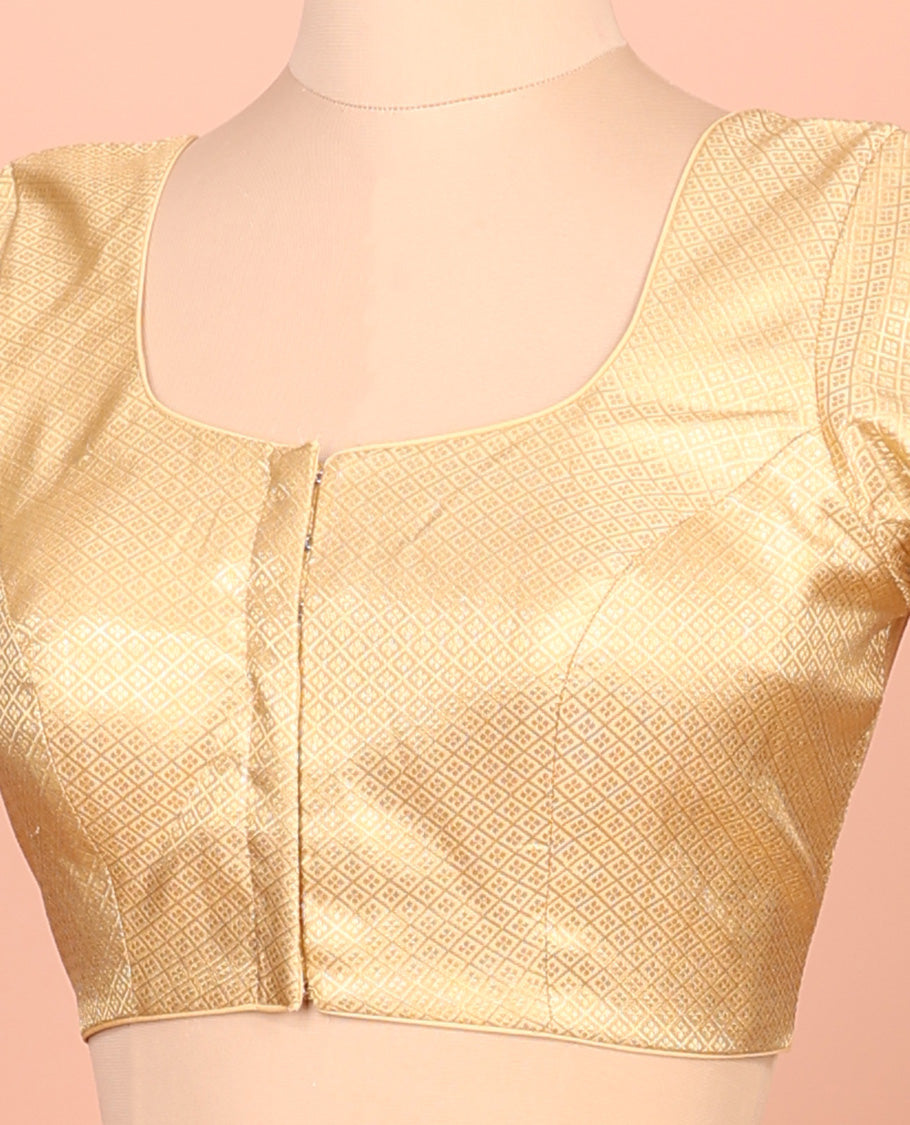 Gold jaal front-back round neck elbow-sleeve readymade blouse