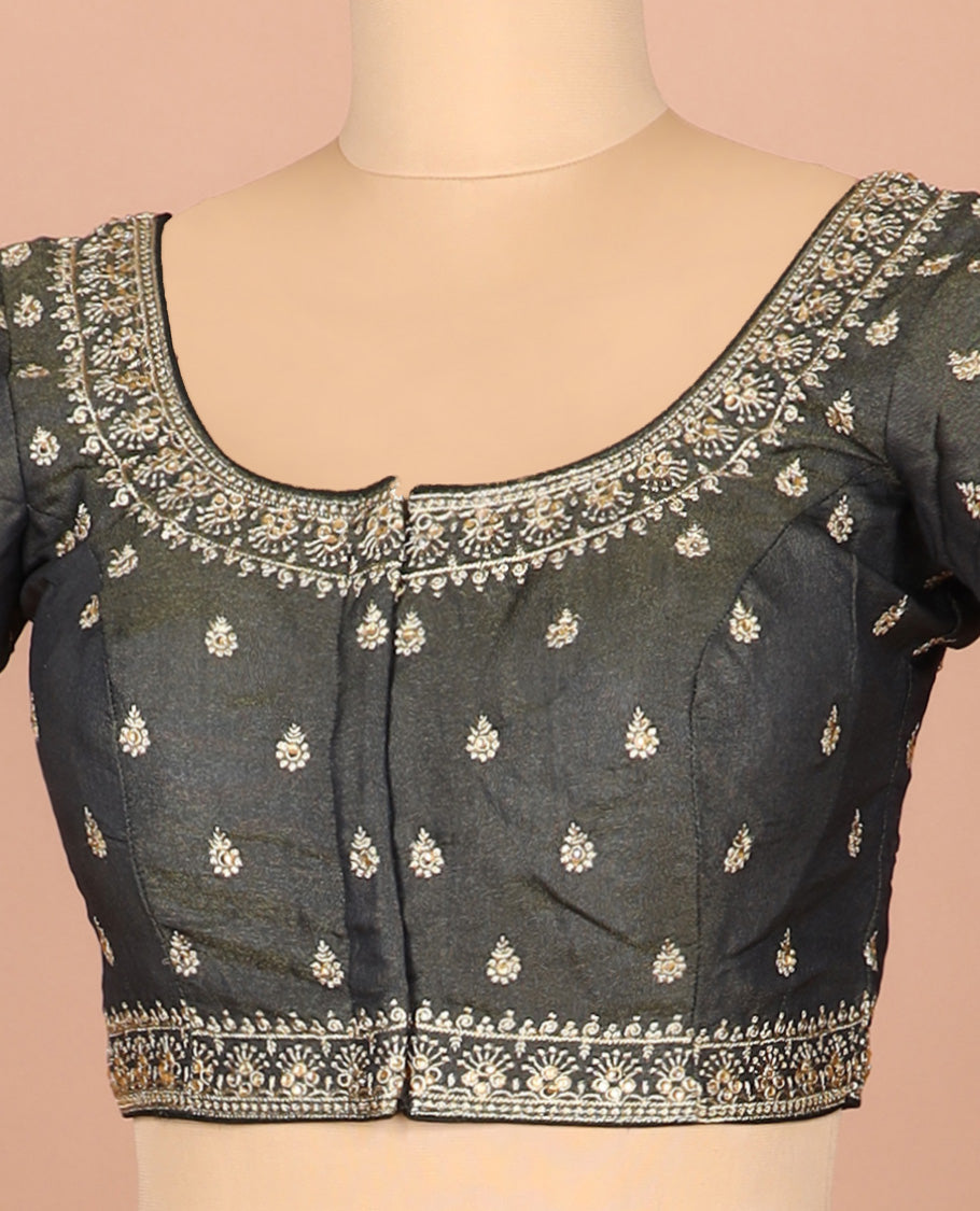 Graphite grey thread embroidered front-and-back round elbow-sleeve readymade blouse