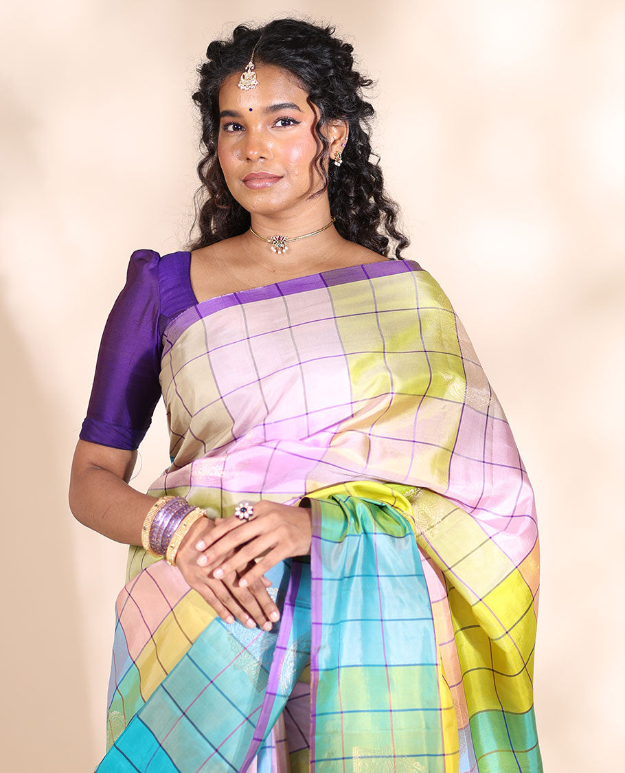 Borderless multi-color checked mayuri soft silk saree with argyle design pallu