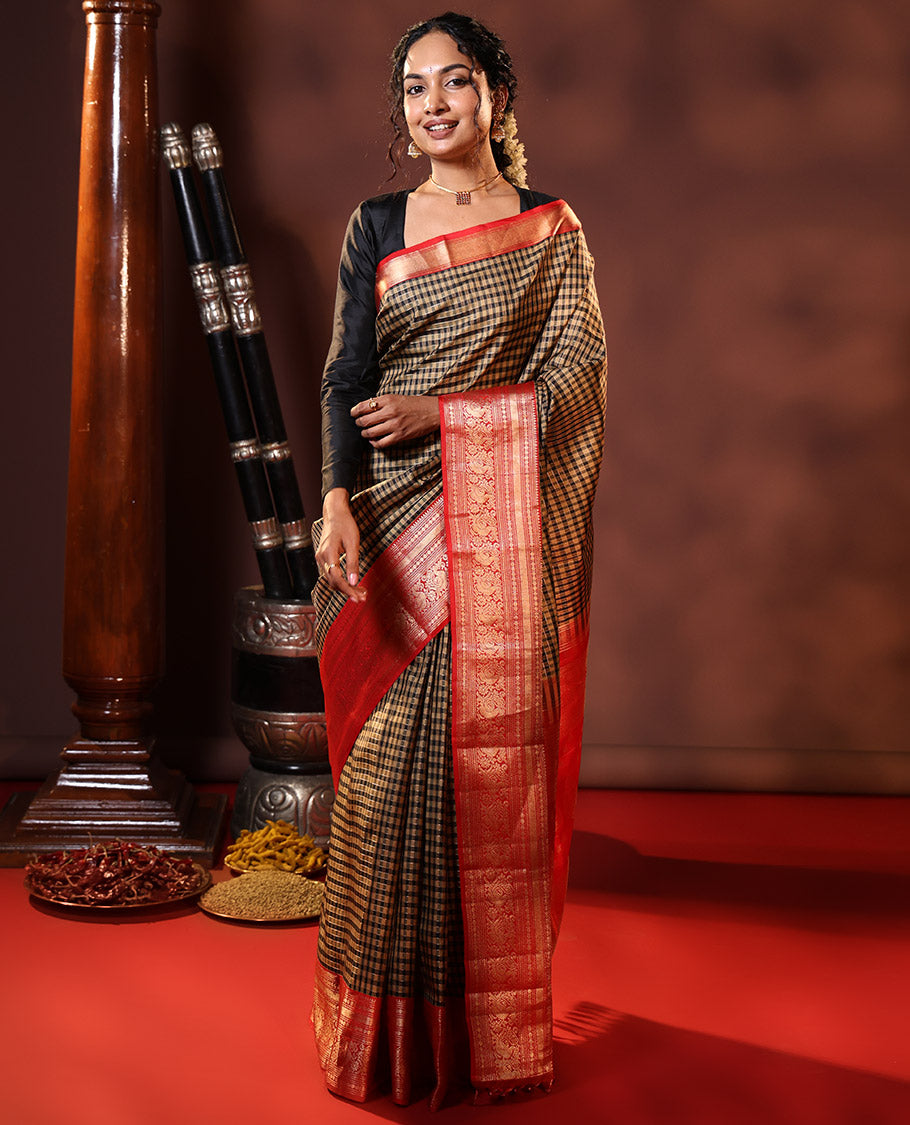 Black Vasundhara Silk Saree Embellished with Checks All Over Its Body, Complemented by Contrast Border of Rekku, Neli, Rudraksham, Kathir, and Mayil Designs, a Grand Pallu of Intricate Designs, and Paired with a Contrast Blouse