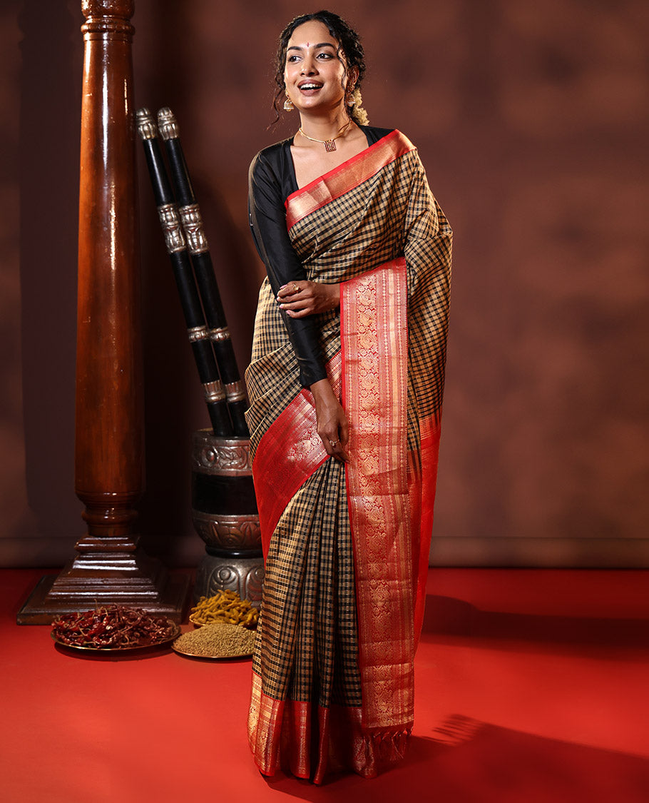 Black Vasundhara Silk Saree Embellished with Checks All Over Its Body, Complemented by Contrast Border of Rekku, Neli, Rudraksham, Kathir, and Mayil Designs, a Grand Pallu of Intricate Designs, and Paired with a Contrast Blouse