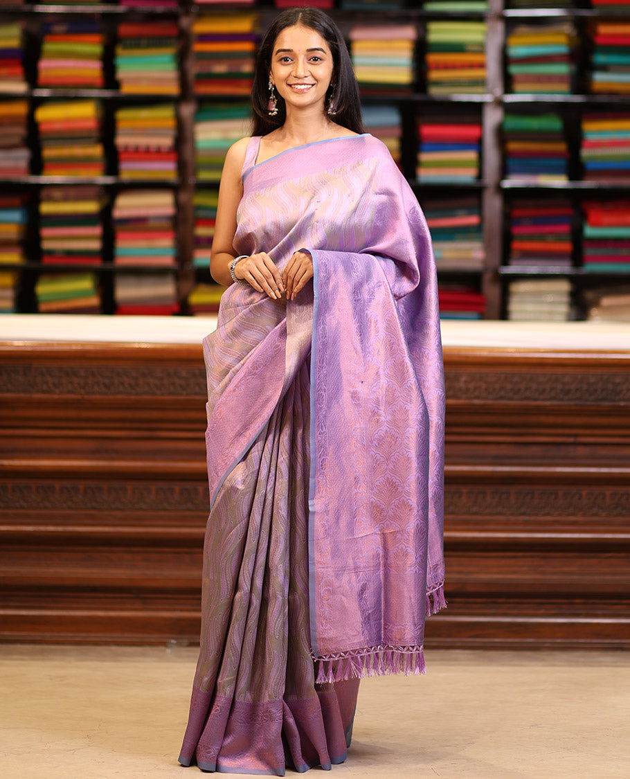 Pink thread design tissue soft silk saree with contrast border & rich pallu along with butta blouse