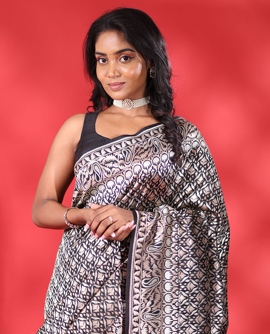 Black intricate brocade design weave handloom cotton saree, paisley motif border & intricate pallu
