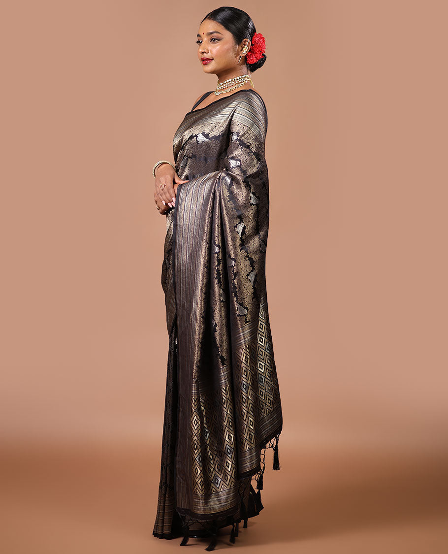 Black floral design softy saree with self intricate zari design border & argyle design pallu