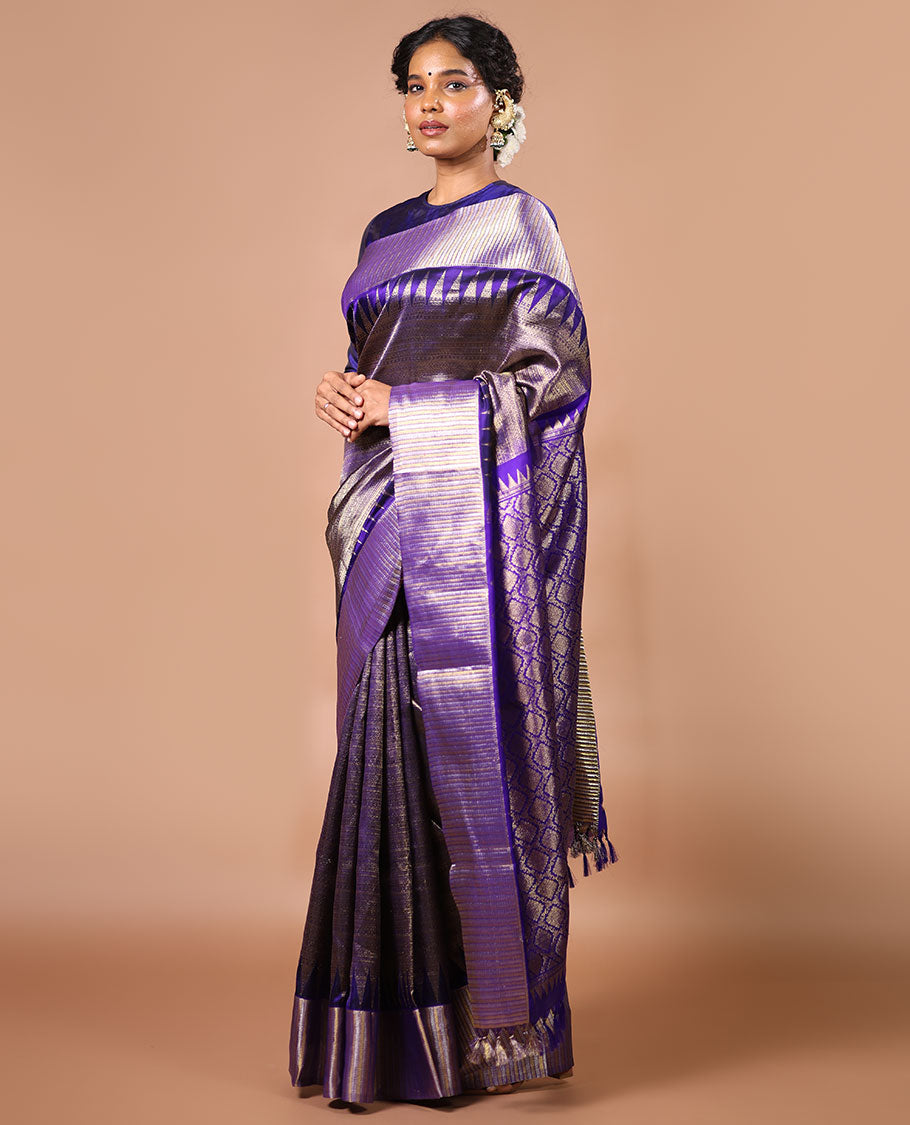 Purple jacquard venkatagiri silk saree with self temple, striped border & jaal design pallu