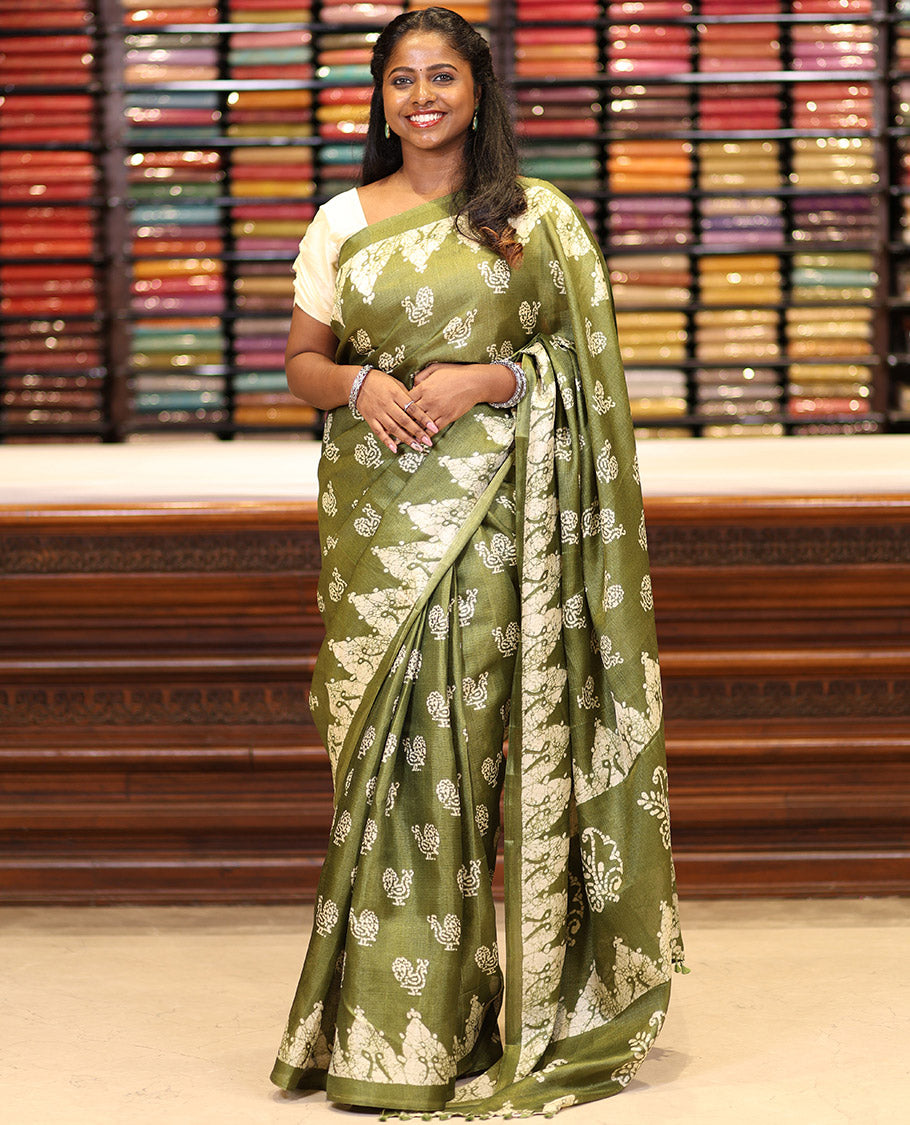 Green all-over pathik peacock print semi Khadi silk saree with pathil temple border & printed rich pallu along with printed blouse
