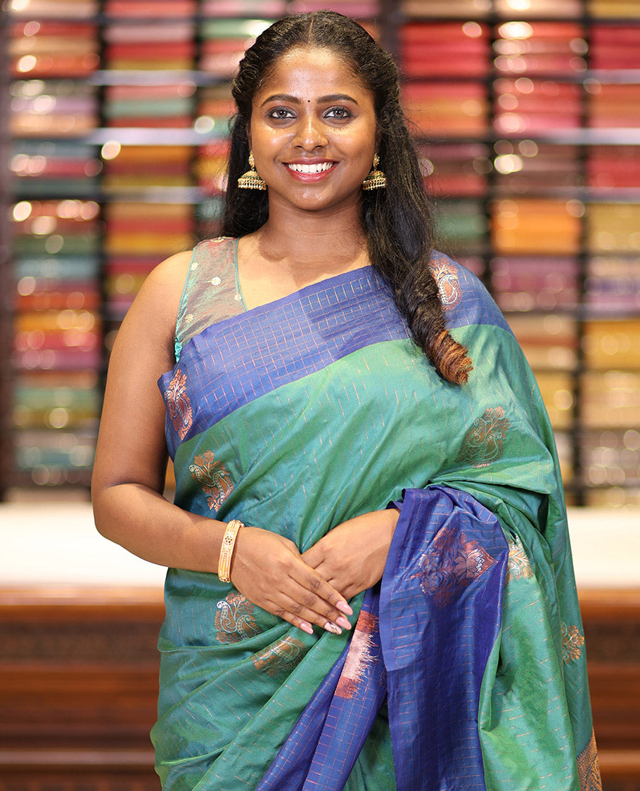 Green zari mango butta design soft silk saree with lotus flower design border & rich weaving pallu along with butta design blouse