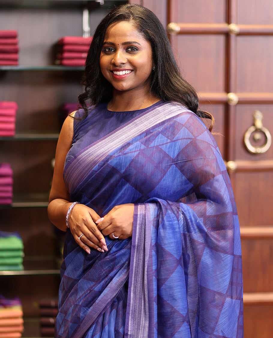 Royal blue diamond printed design semi chanderi cotton saree with zari bawanchi border & pathik printed rich pallu along with printed blouse