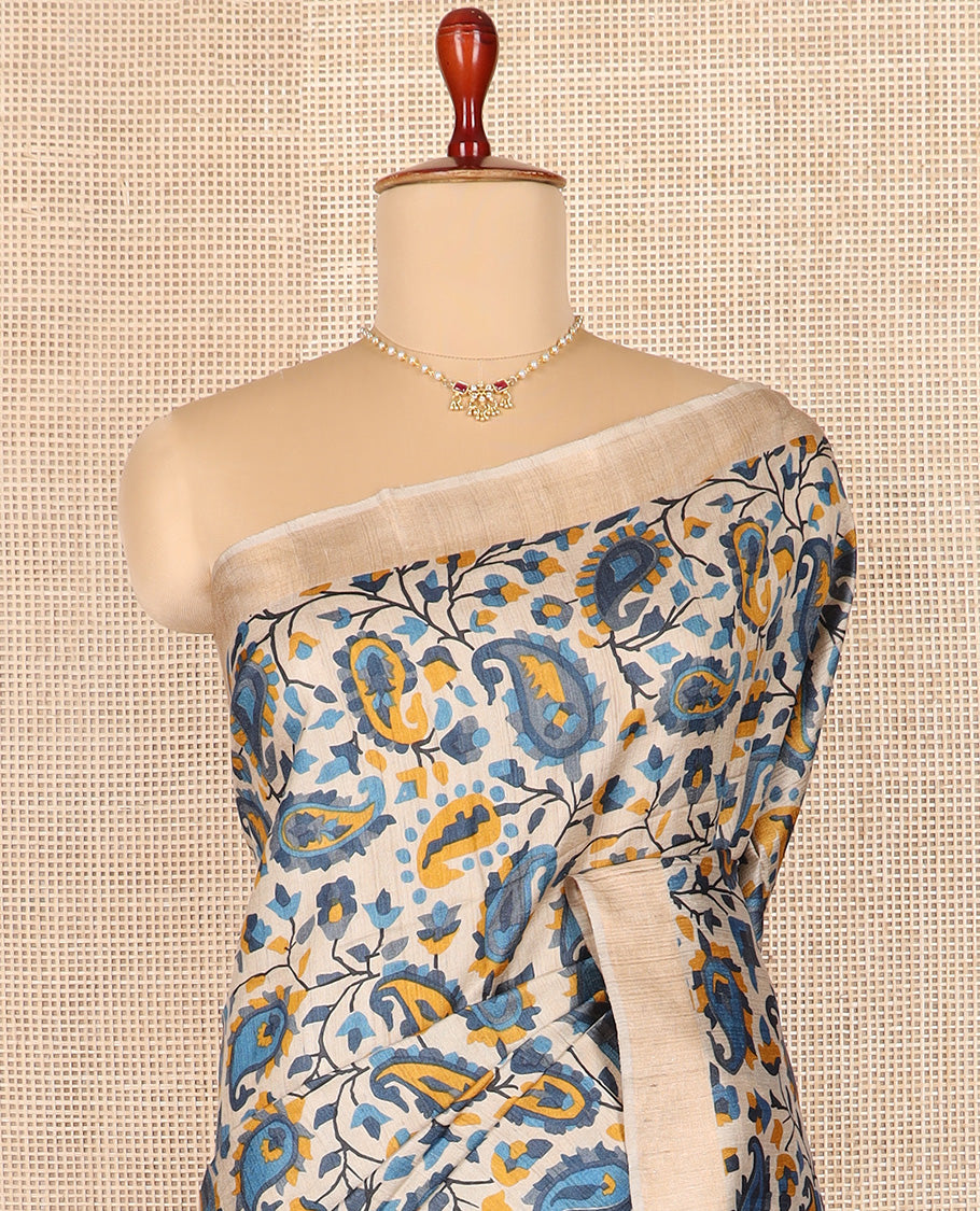 Multi-color floral and paisley motifs tussar silk saree, bavanji border, and double-color plain pallu