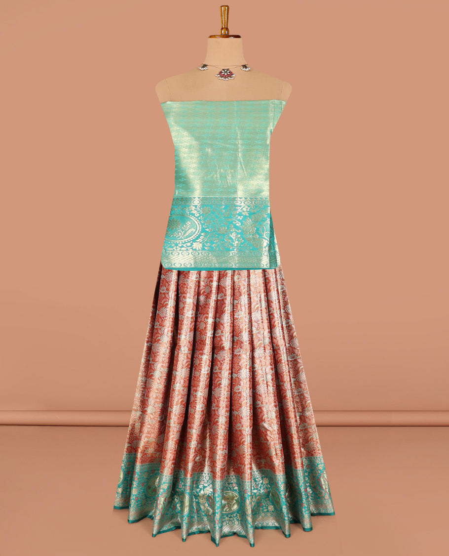 Orange Art Silk Half-Saree, Richly Detailed with Jacquard Design, Contrast Intricate Motif Border, Paired with a Contrast Jacquard Blouse, and an Intricate Dhavani