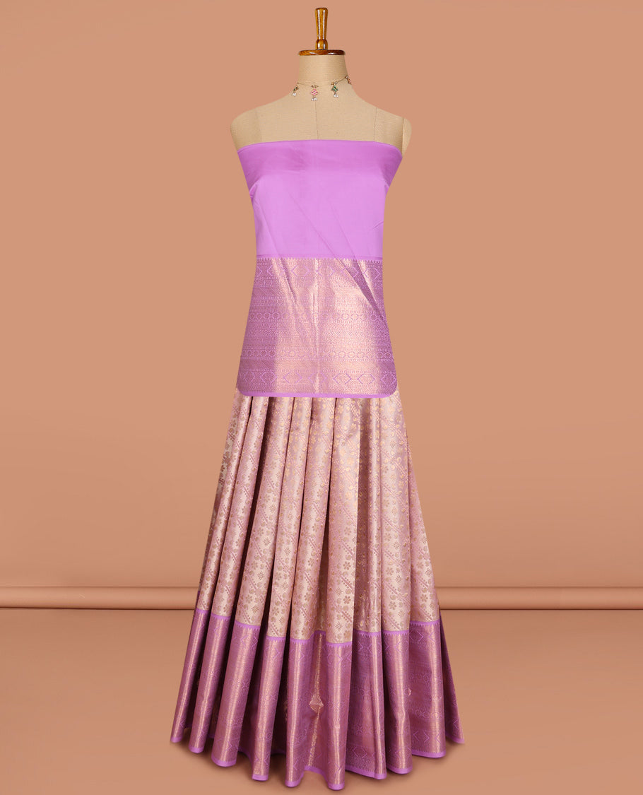 Pink jacquard pure-mix half-saree,contrast border of traditional zari design, zari design blouse & dhavani