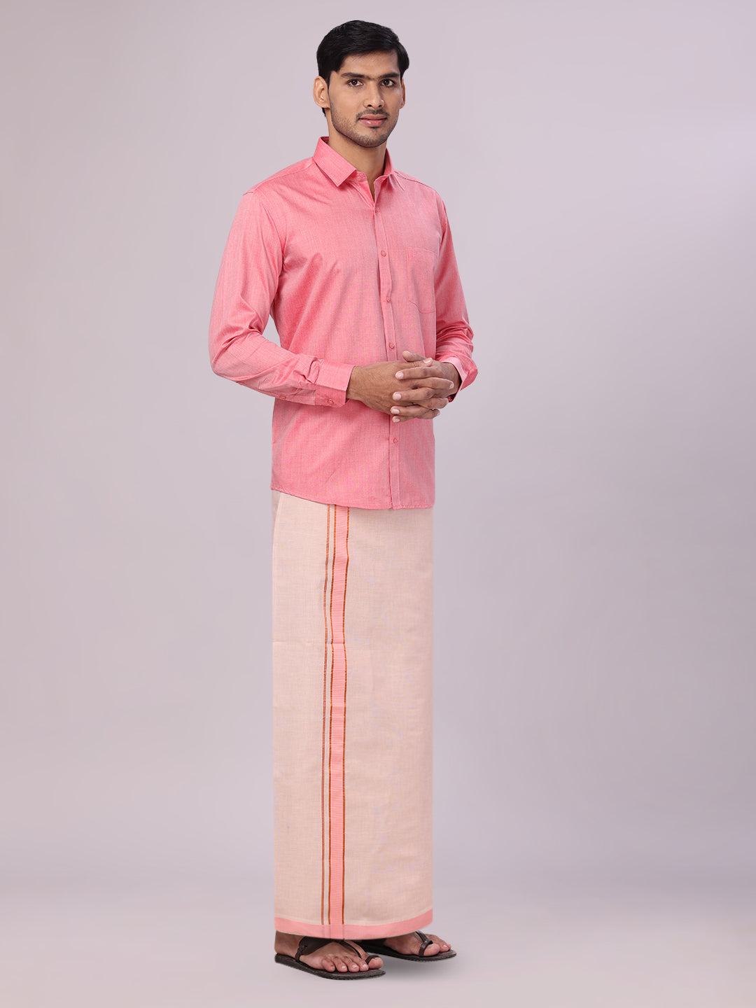 Men's Pink Color Cotton Shirt with Matching Border Tissue Dhoti Combo