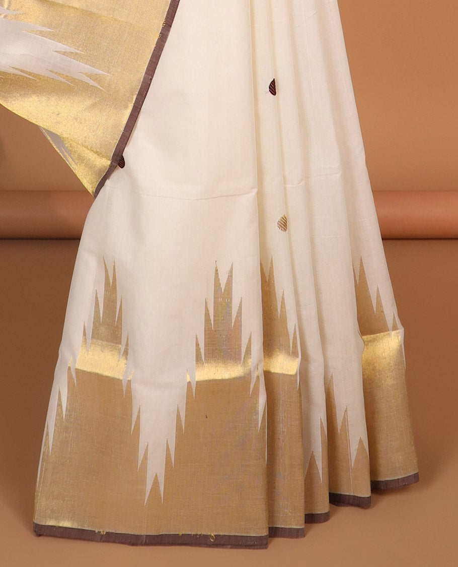 White polka dot kasavu saree with self temple border & striped pallu, brown border