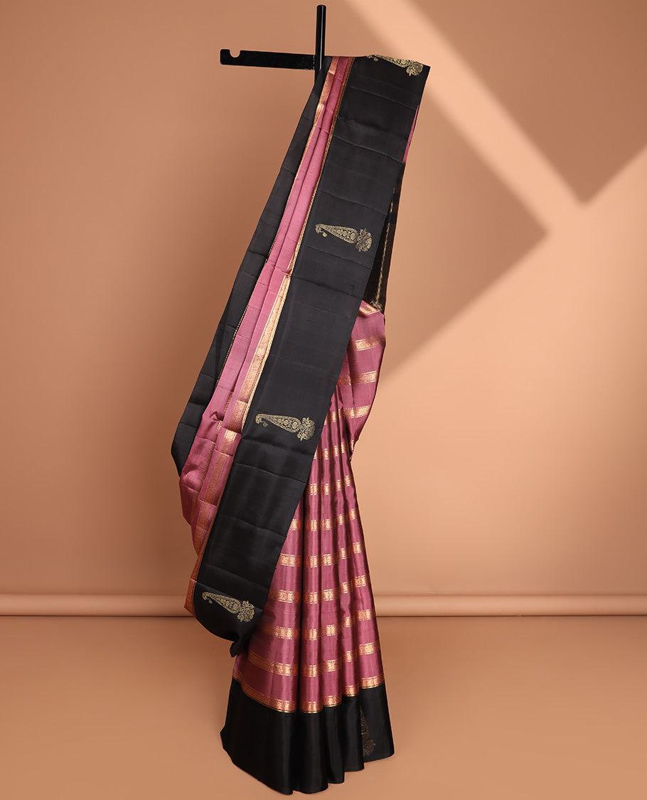 Onion pink striped soft silk saree with contrast leaf border & striped pallu