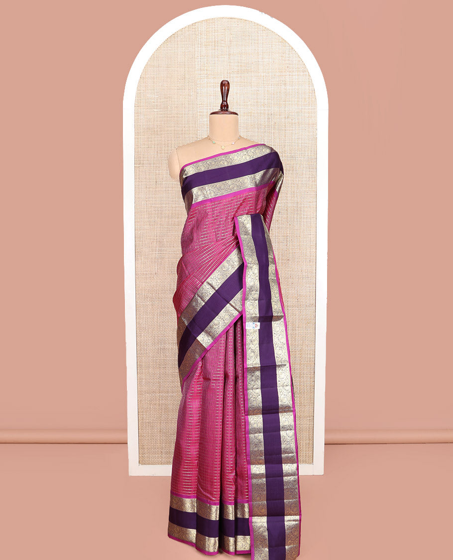 Magenta Vasundhara Silk Saree, Enriched with Vaira Oosi Checks, Complemented by Contrast Rettai Pettu Border of Kodi Mayil Designs, Elegantly Woven Pallu of Jaal Designs, and Paired with a Contrast Blouse