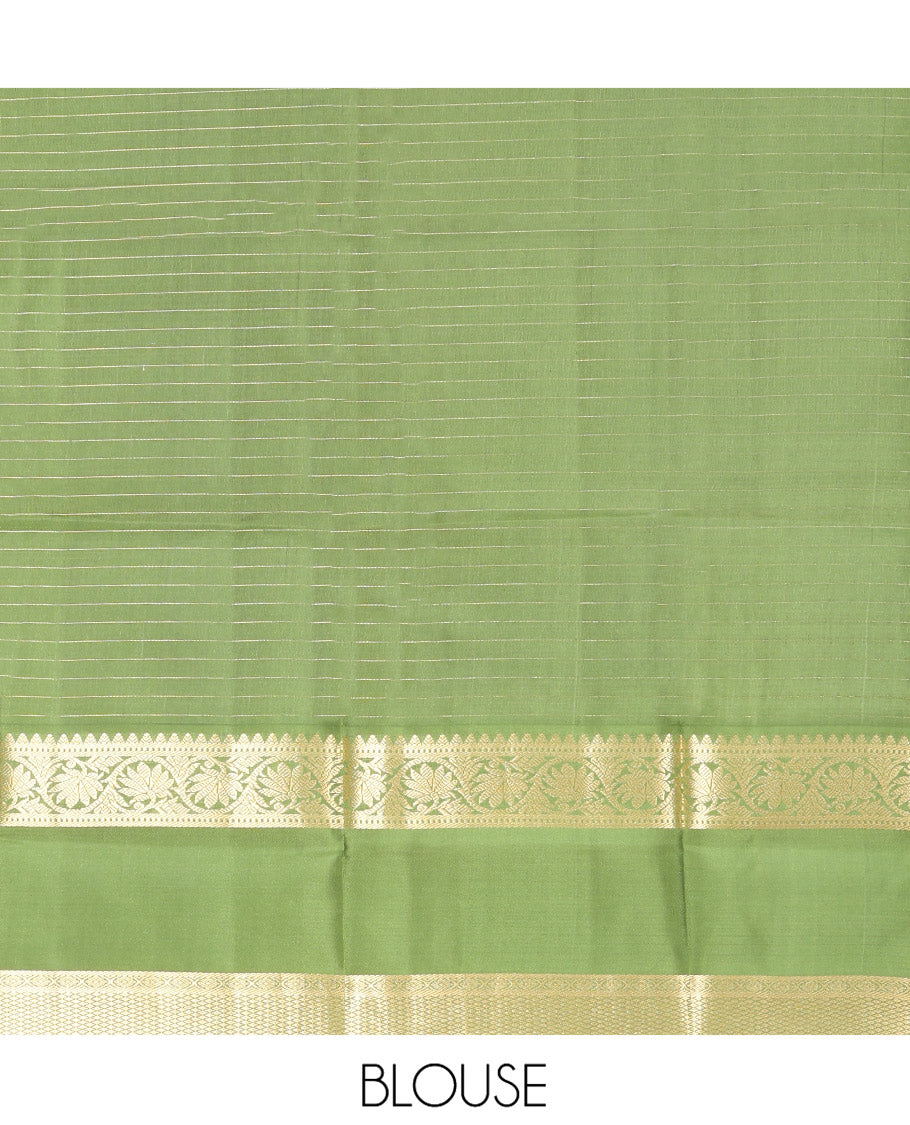 Sandal Vasundhara Silk Saree, Finely Crafted with Zari Buttas and Checked Design, Complemented by a Contrast One-Sided Rettai Pettu Border of Rekku, Laddu Kamalam, Mayil Kann and Kodi Visiry Designs, Grand Jaal Pallu, and Paired with a Contrast Blouse