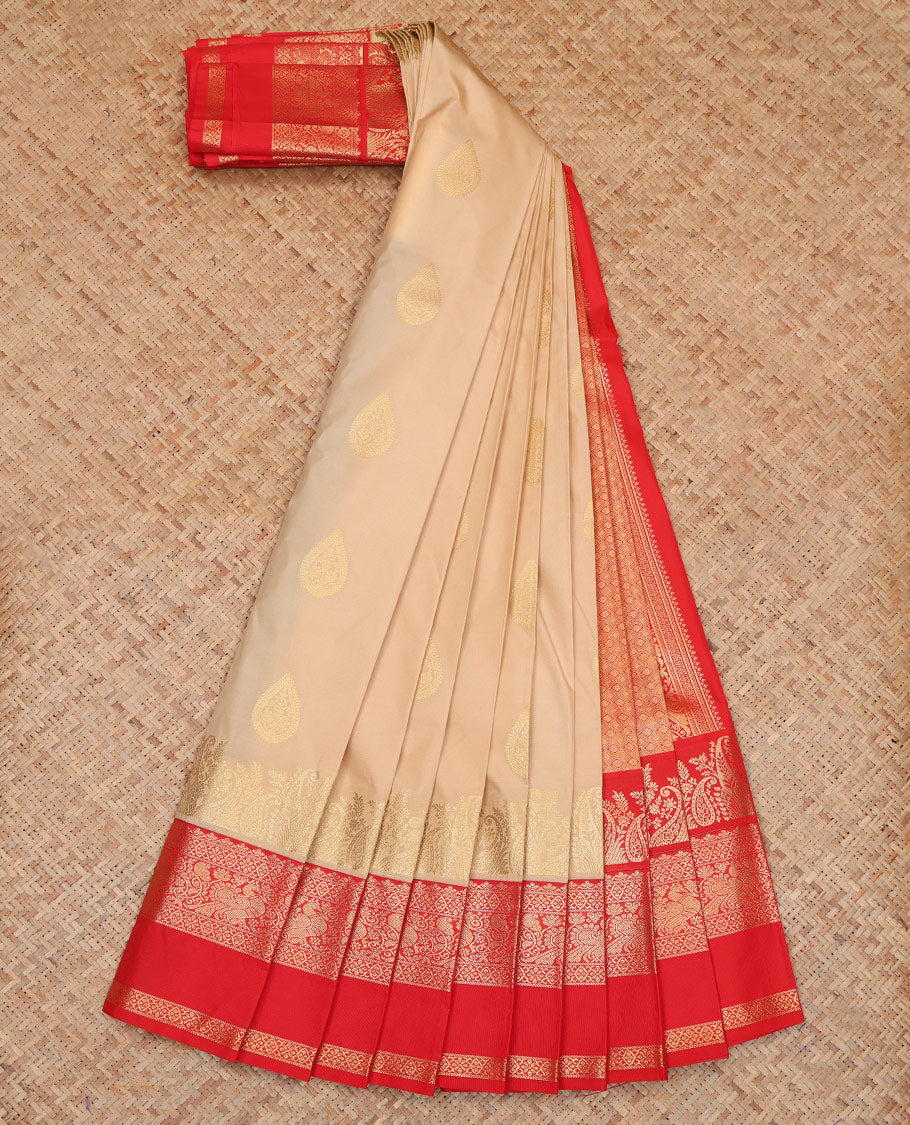 Paan-Chilli Red Zari Buttas Budget Silk Saree, a Contrast Traditional Rettai Pettu Border, Grand Pallu, a Contrast Blouse