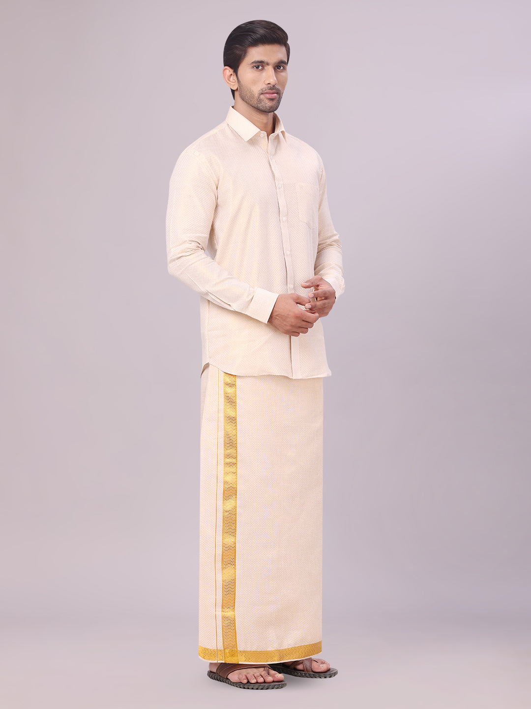 Mens Gold Tissue Jacquard Shirt with Matching Dhoti Combo Zeus
