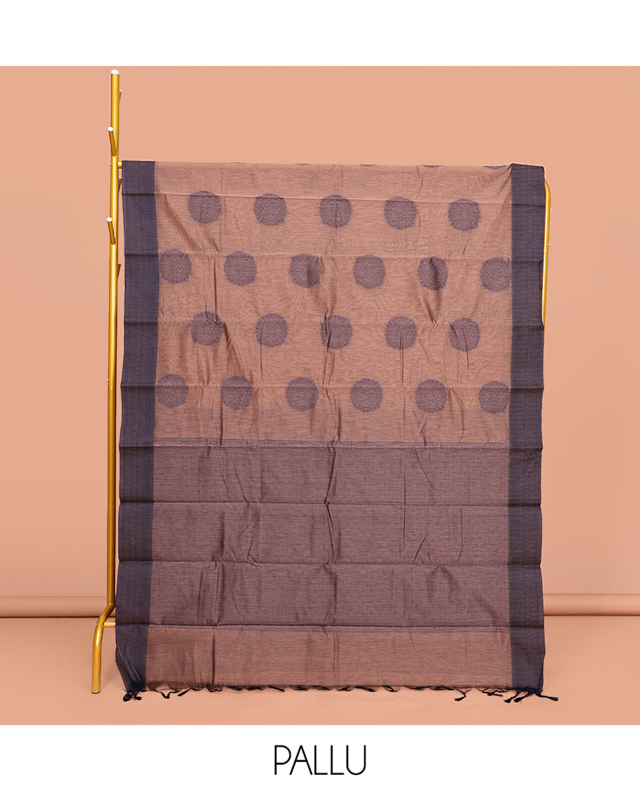 Brown Semi-Silk Cotton Saree, Delicately Designed with Buttas All Over Its Body, Contrast Traditional Design Border, Pallu Features Jaal Design, and Paired with a Matching Blouse